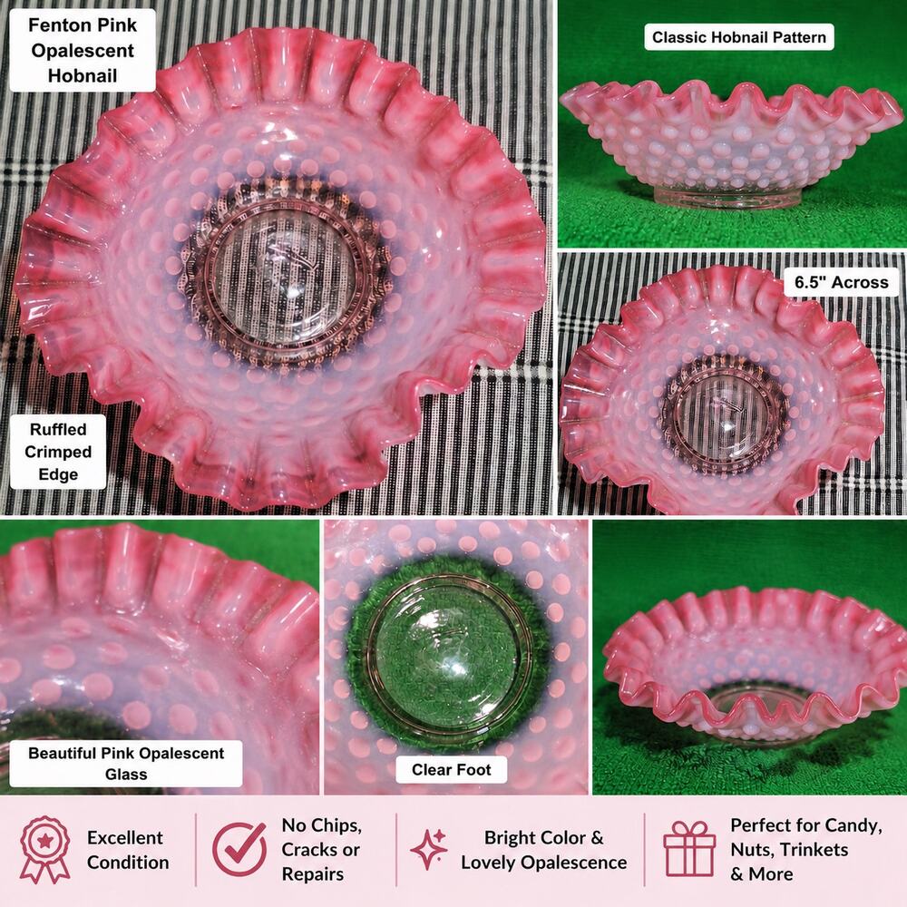 Fenton Pink Opalescent Hobnail Ruffled Bowl Bon Bon Candy Dish 6.5" Vintage NICE